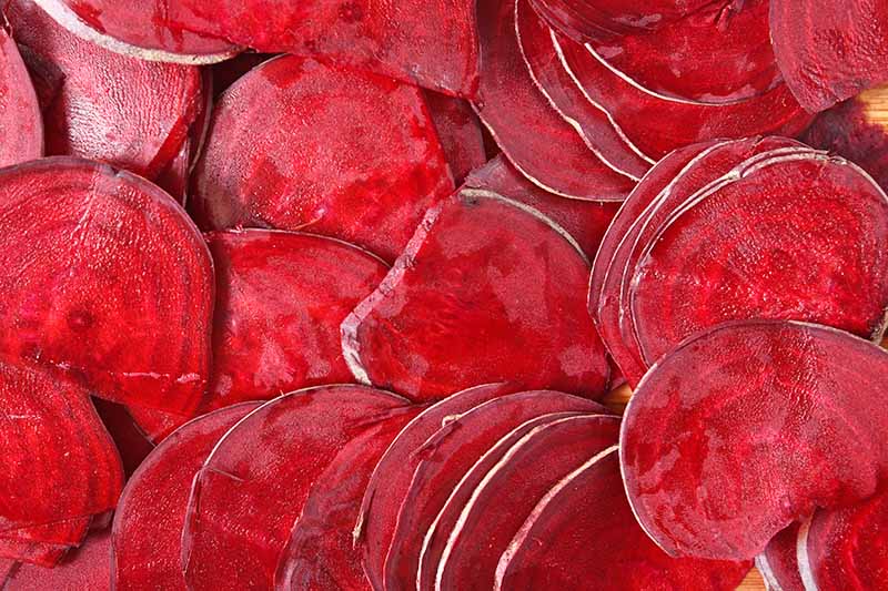 Horizontal closeup image of thinly sliced juicy red beets.
