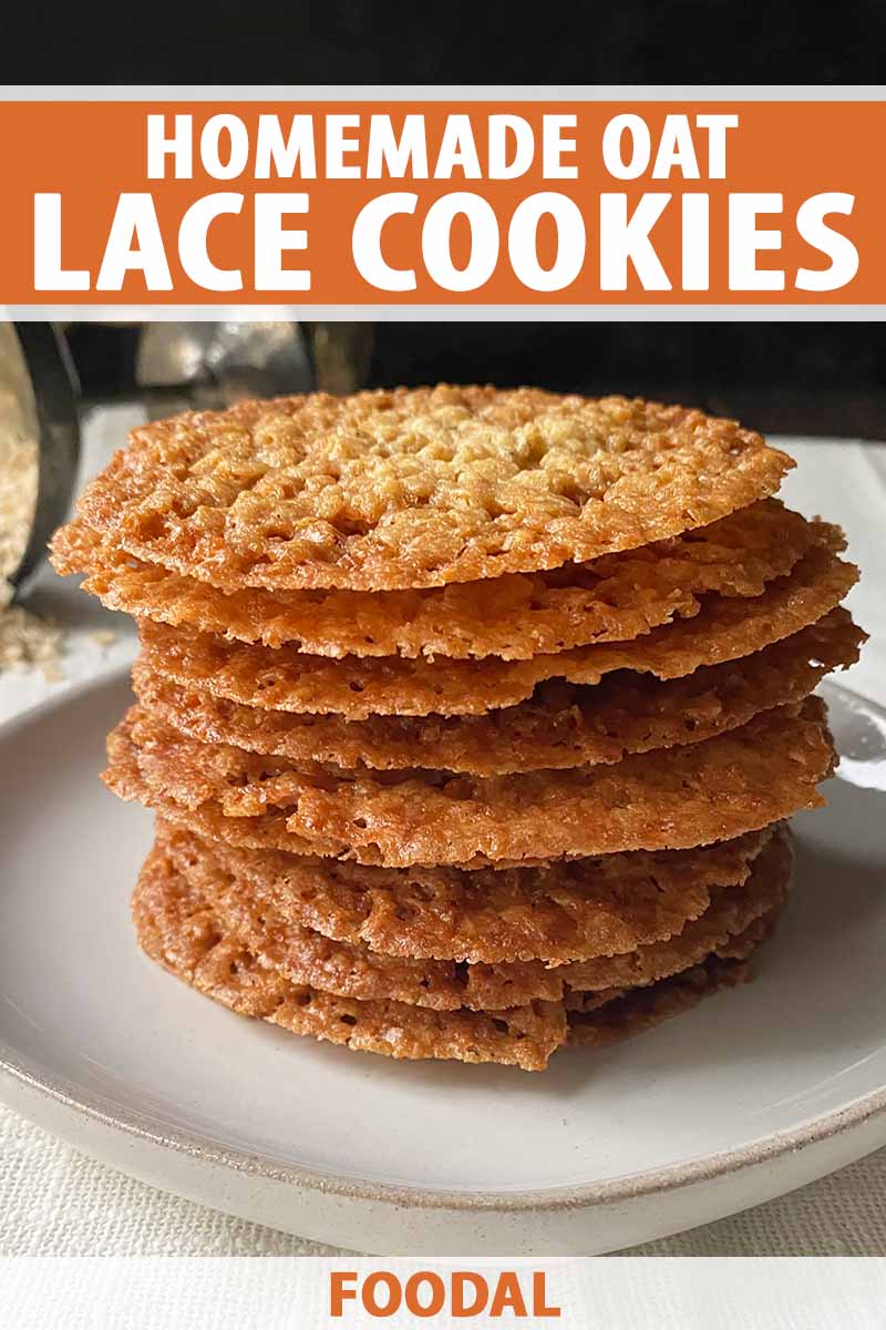 Horizontal image of a stack of thin, caramelized cookies on a white plate, with text on the top and bottom of the image.