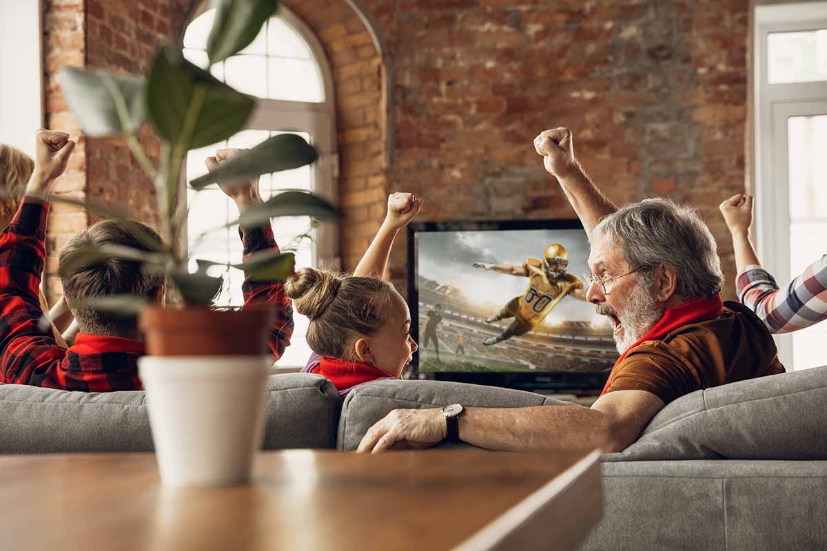 Horizontal image of a child and grandfather cheering from the couch watching football.