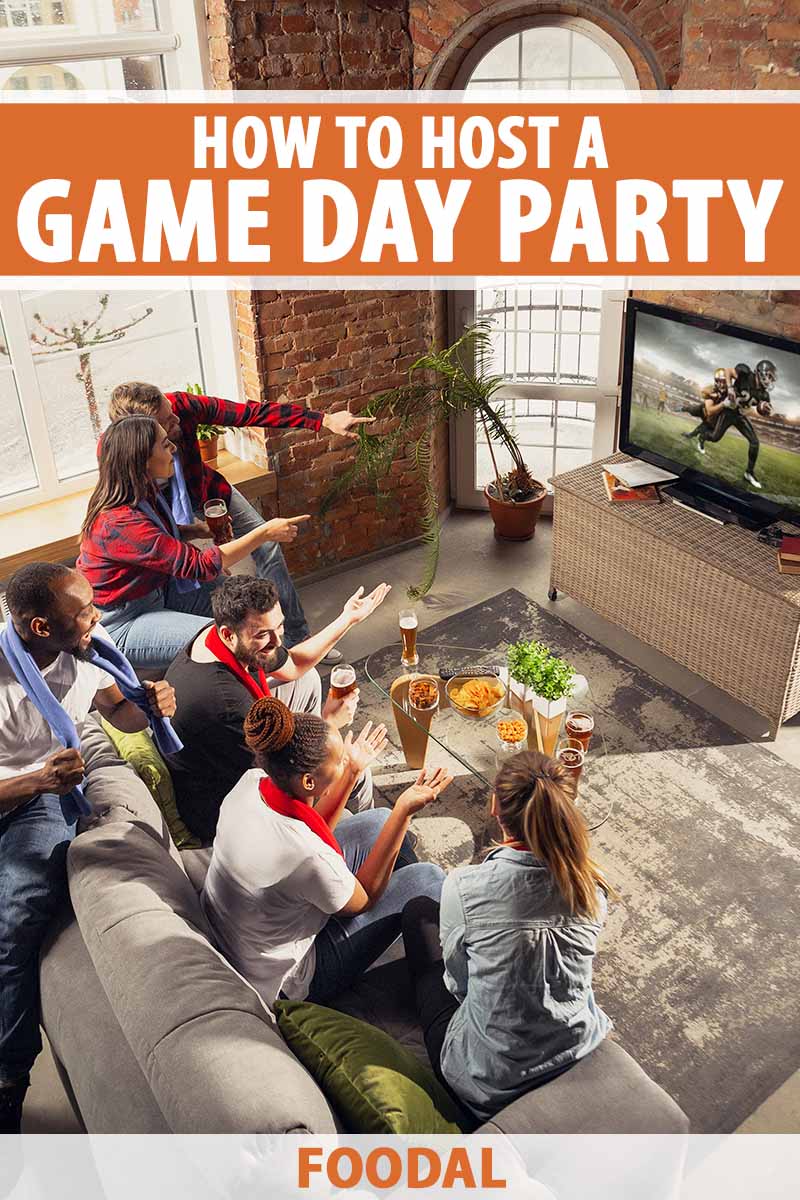 Vertical image of a large party watching football on the couch while eating assorted food and drinking beer, with text on the top and bottom fo the image.