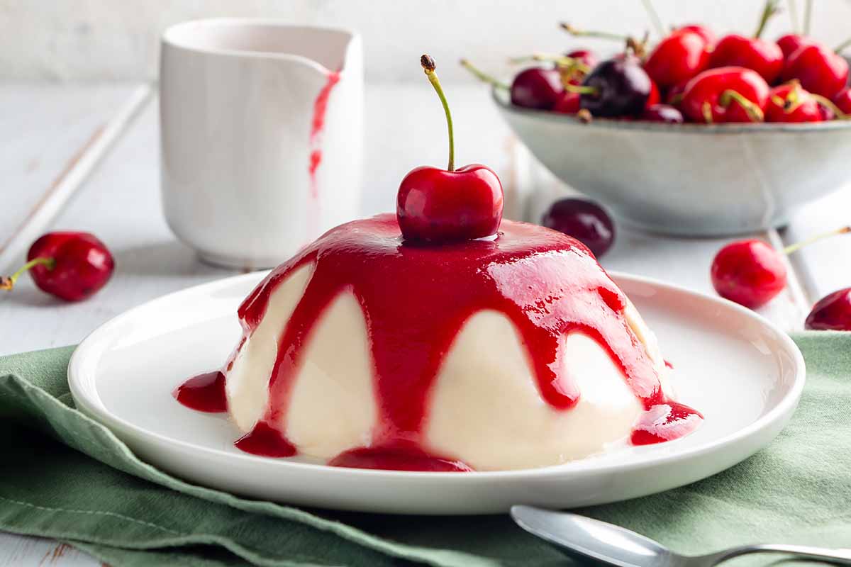 Horizontal image of a panna cotta dessert topped with a cherry coulis on a white plate.