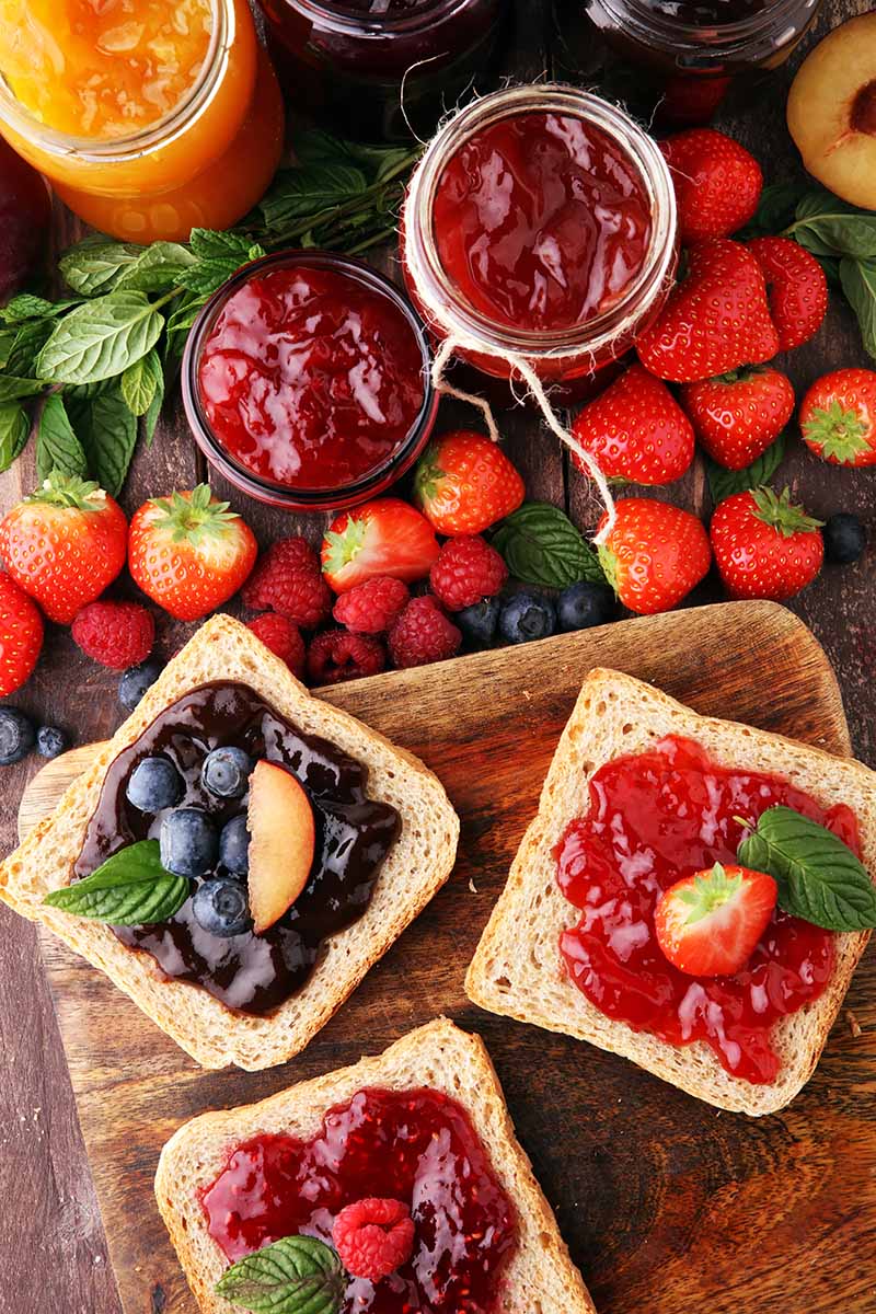 Vertical image of pieces of toast topped with different flavors of jelly.