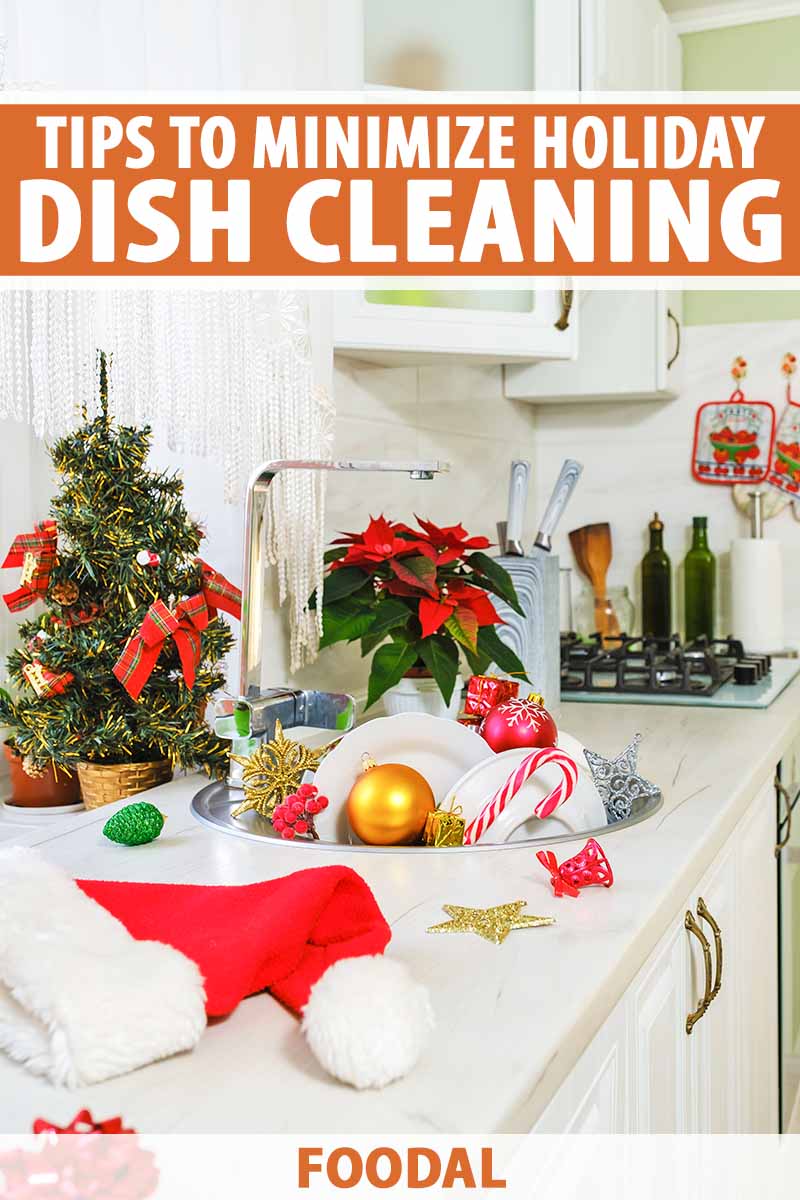 Vertical image of dirty dishes and Christmas decorations in a kitchen sink, with text on the top and bottom of the image.