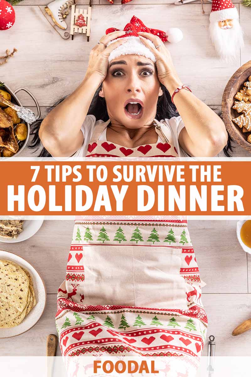 Vertical image of a stressed out woman in a Christmas apron surrounded by Christmas food and decor.
