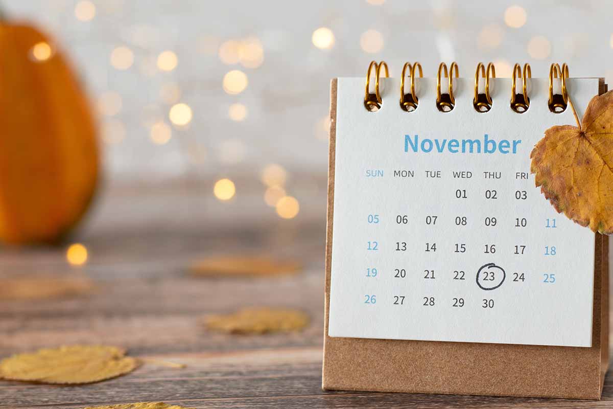 Horizontal image of a calendar on a fall-decorated table with a day in the month of November circled.