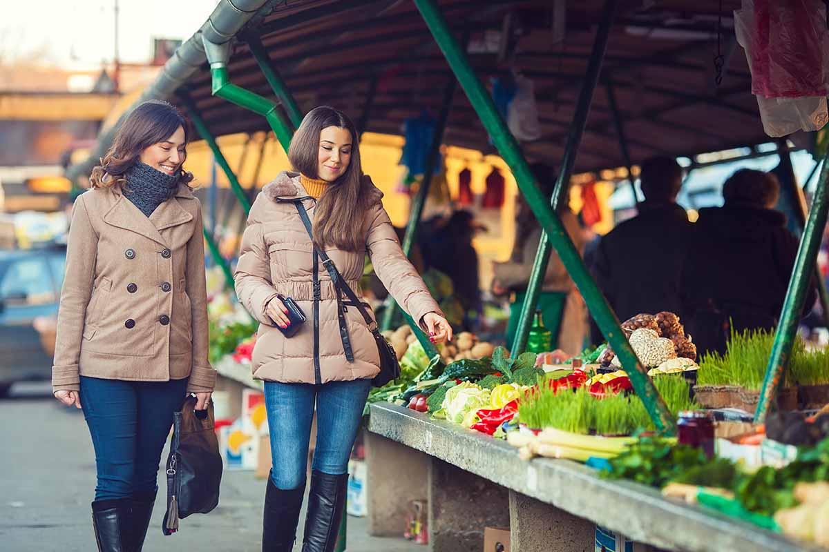 Horizontal image of two women shopping in the cold weather at an outdoor farmers market,
