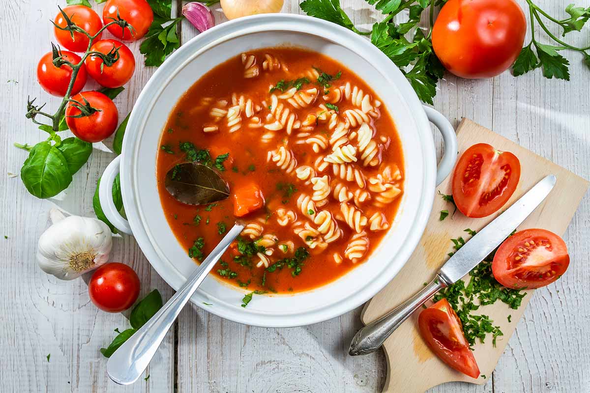 Horizontal image of a tomato soup with pasta.