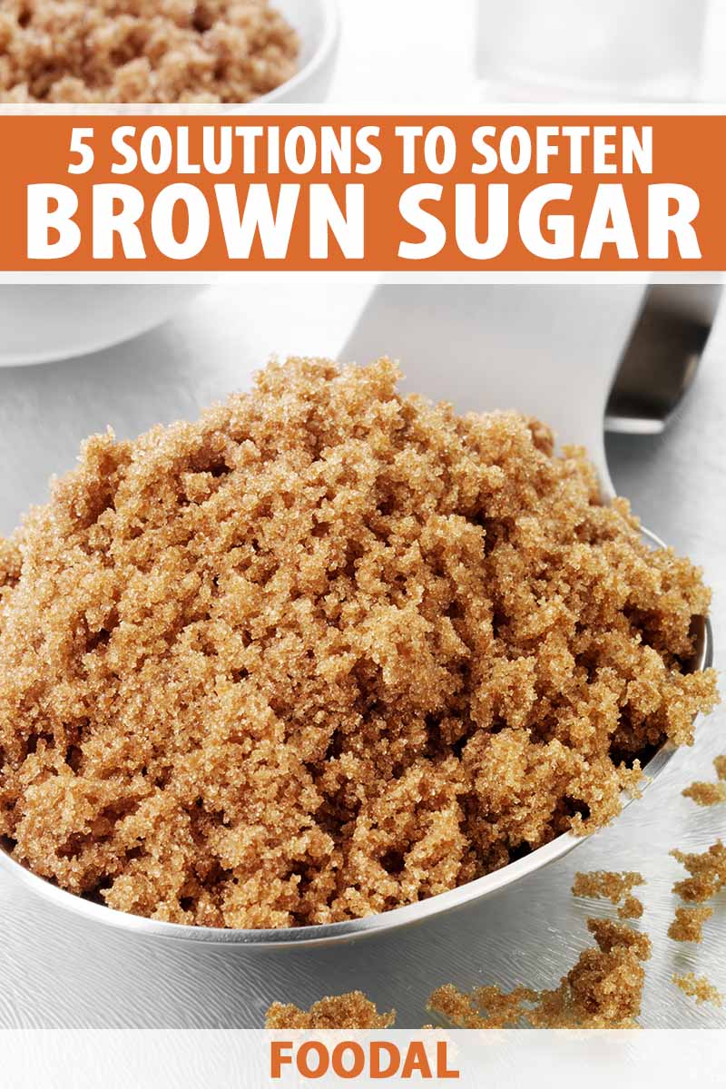 Vertical image of a large spoonful and a bowlful of brown sugar, with text on the top.