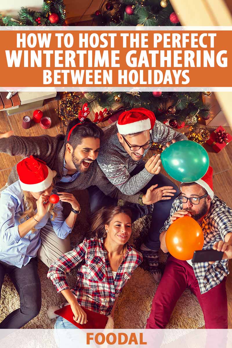 Vertical image of friends celebrating the winter festivities together, with text on the top and bottom of the image.