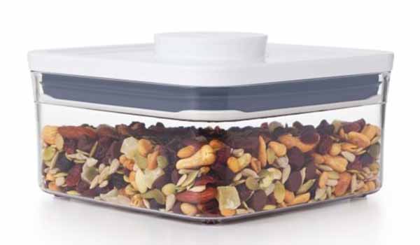 Image of the OXO Pop Container in a 1.1-quart size, filled with granola.