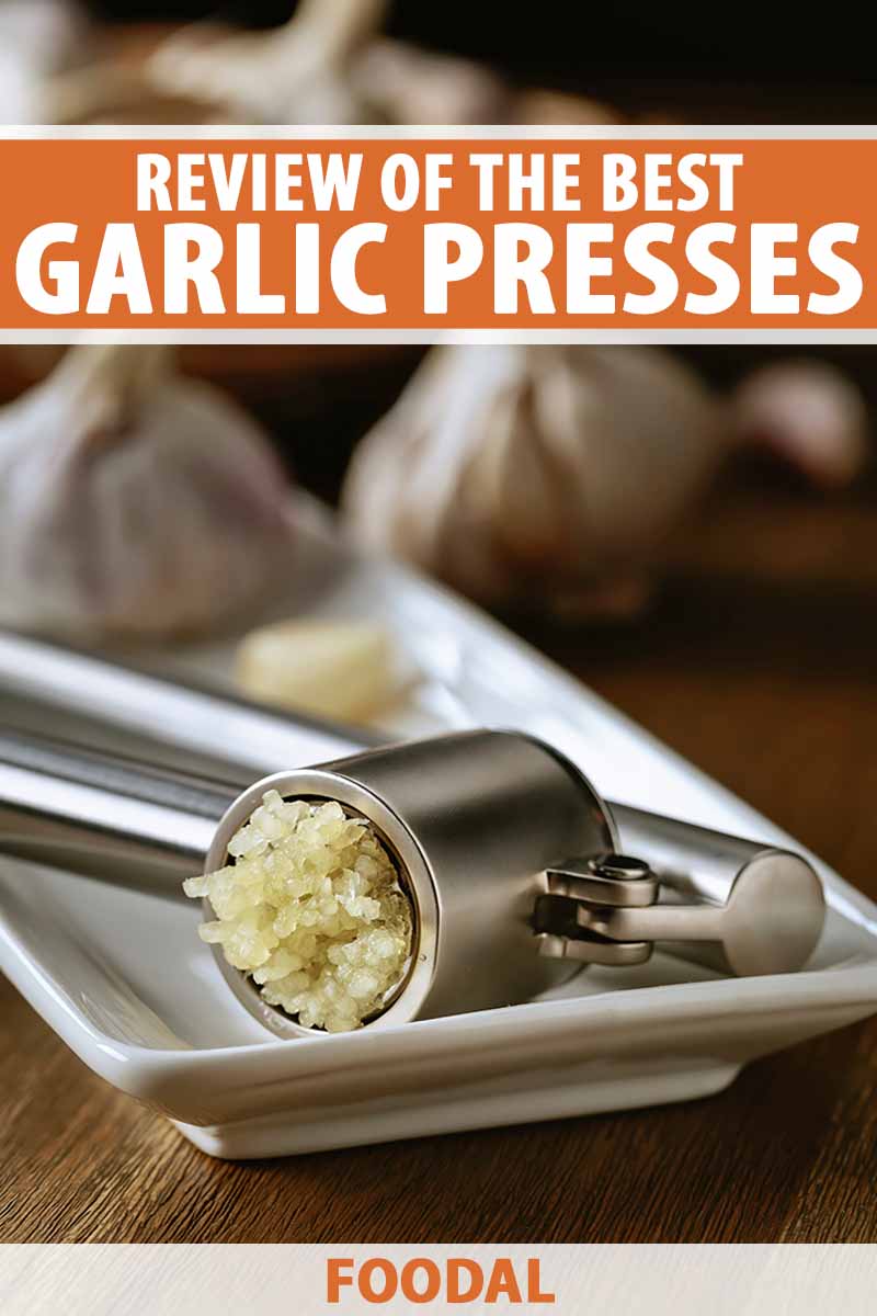 Vertical image of a metal device processing garlic on a white plate, with text on the top and bottom of the image.