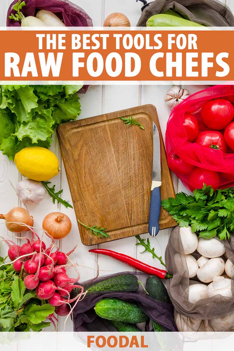 Vertical image of a wooden cutting board and knife surrounded by assorted produce items, with text on the top and bottom of the image.