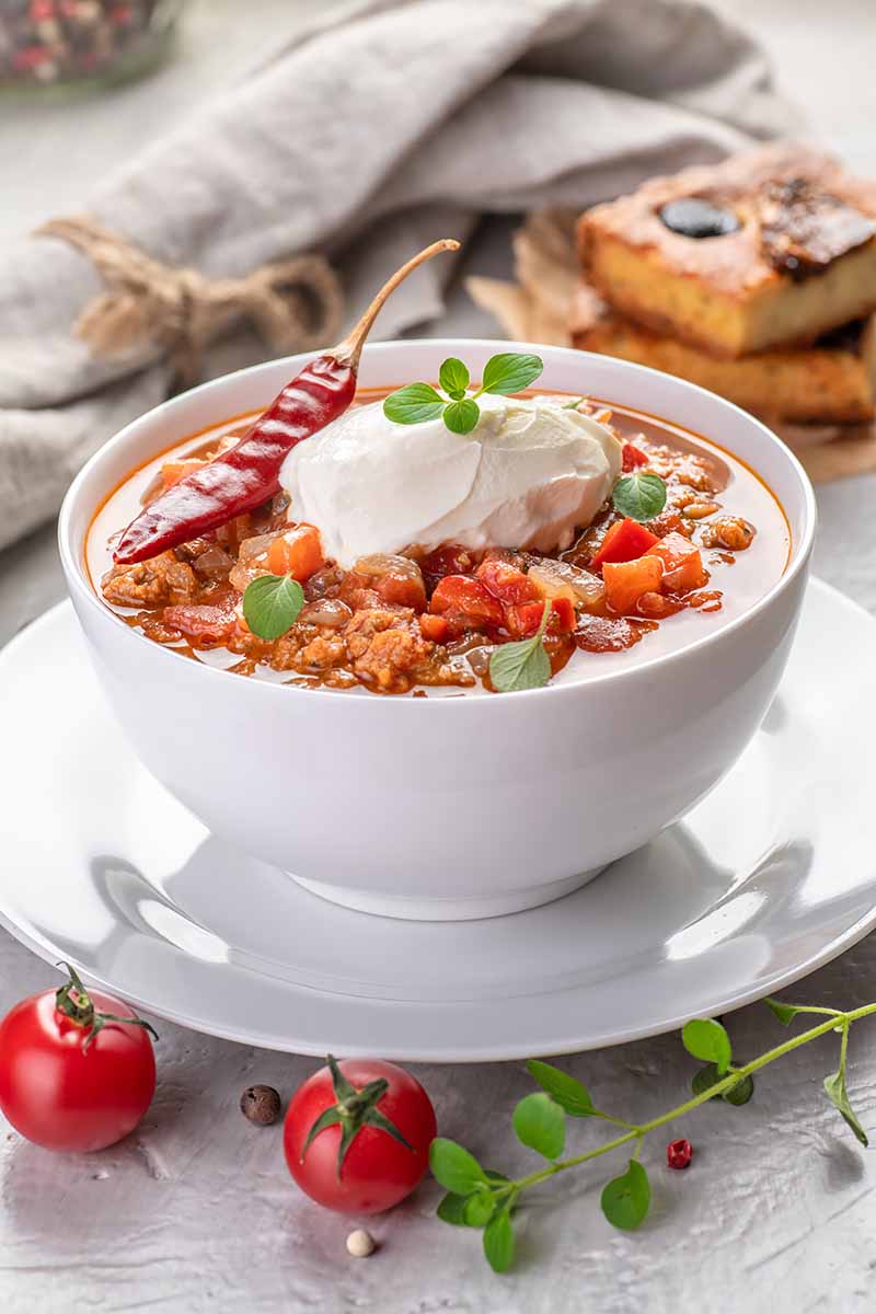 Vertical image of a white bowlful of chili with a hefty dollop of sour cream in front of bread and a napkin.