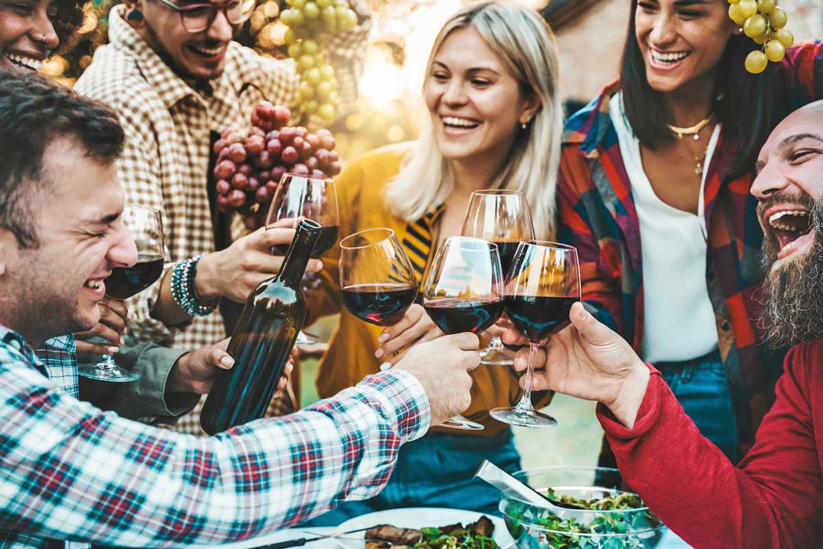 Horizontal image of happy friends celebrating with drinks outside with food.