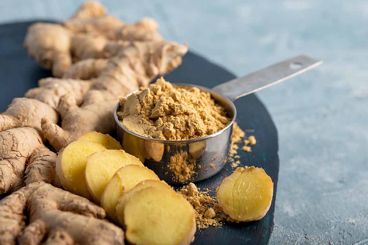 Horizontal image of fresh and ground ginger on a slate surface.
