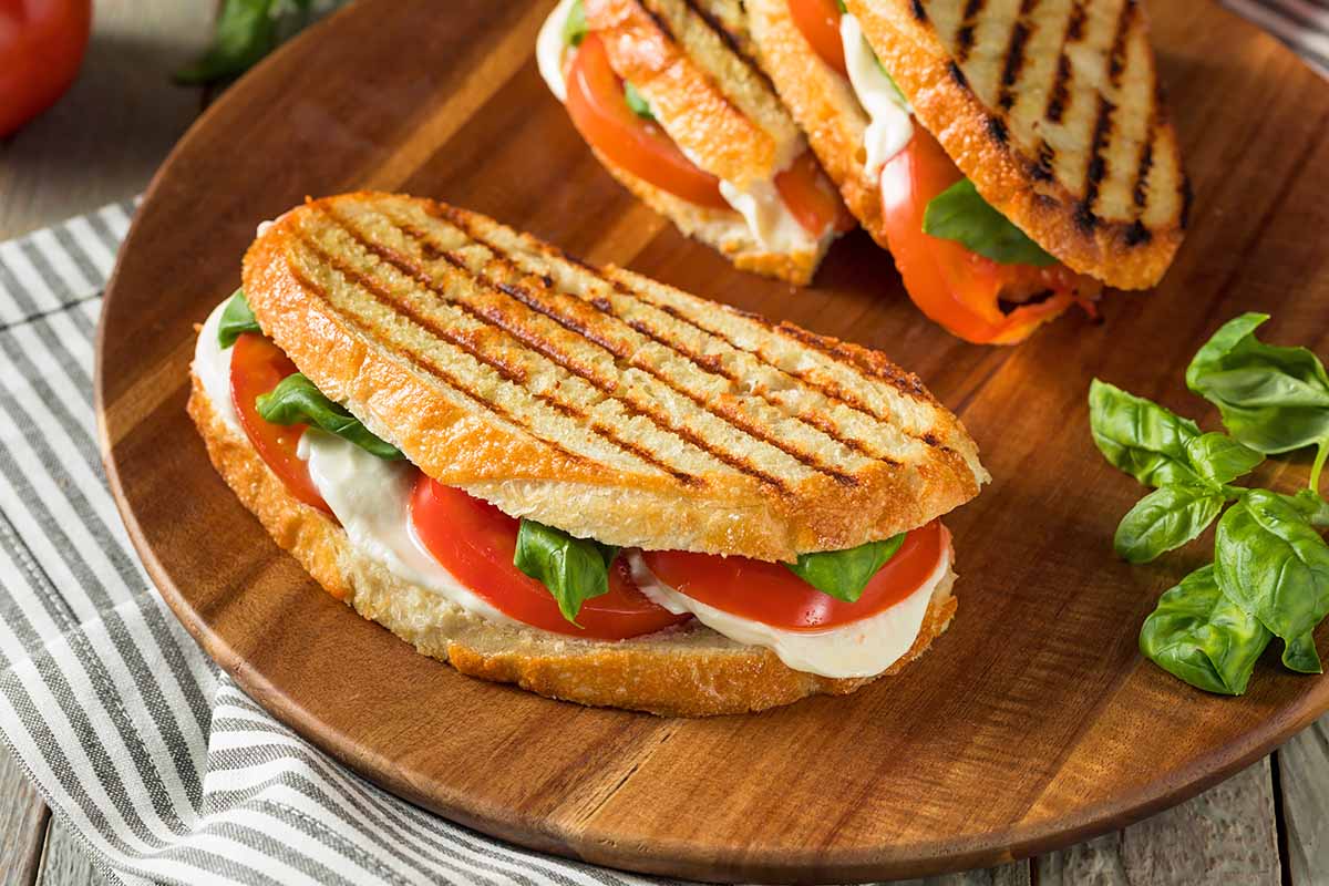 Horizontal image of a grilled basil, mozzarella, and tomato sandwich on a wooden cutting board on a towel next to fresh herbs.