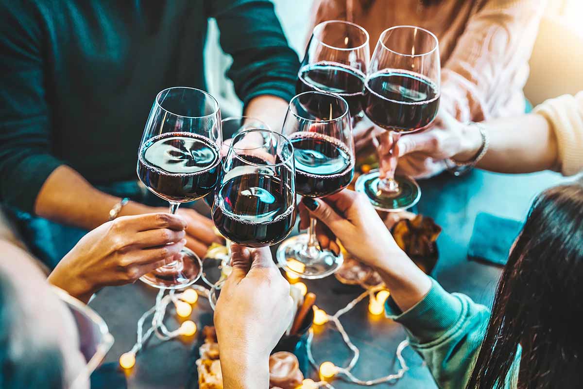 Horizontal image of a group of friends toasting.