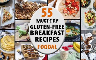 Horizontal image of a collage of gluten-free breakfast recipes, with a label in the center.