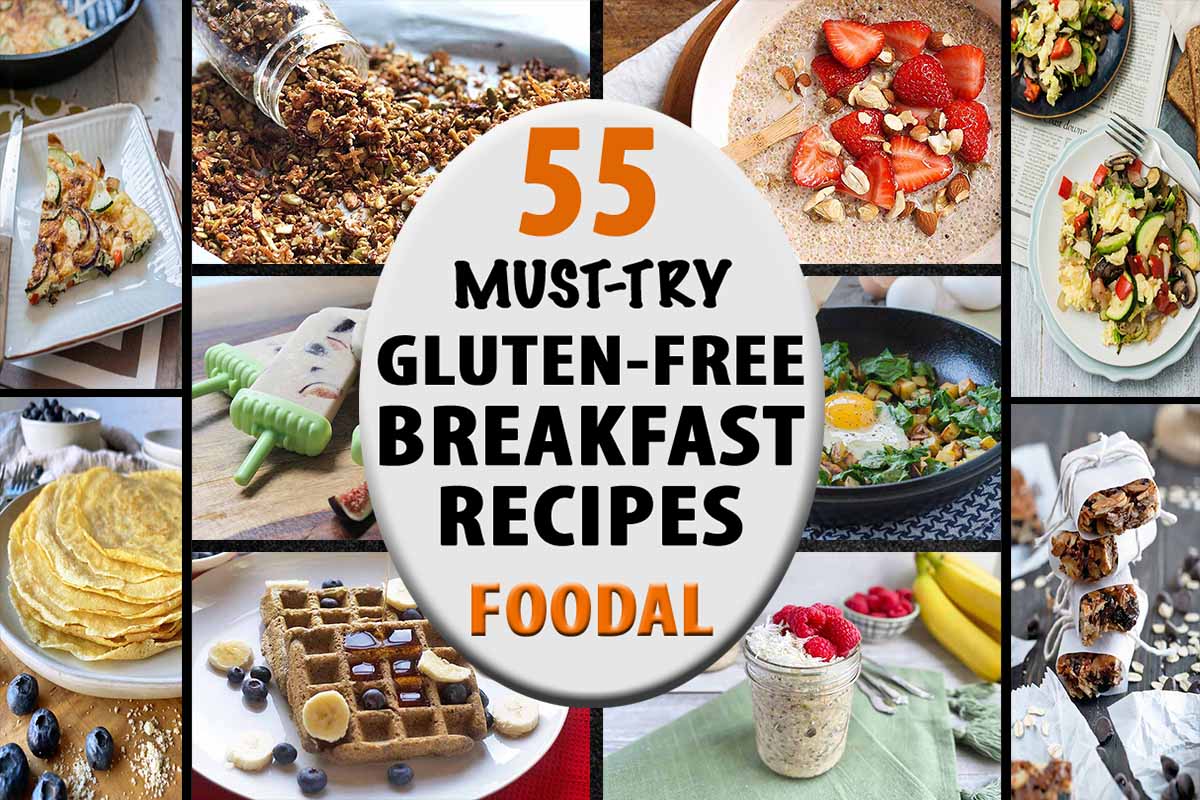 Horizontal image of a collage of gluten-free breakfast recipes, with a label in the center.