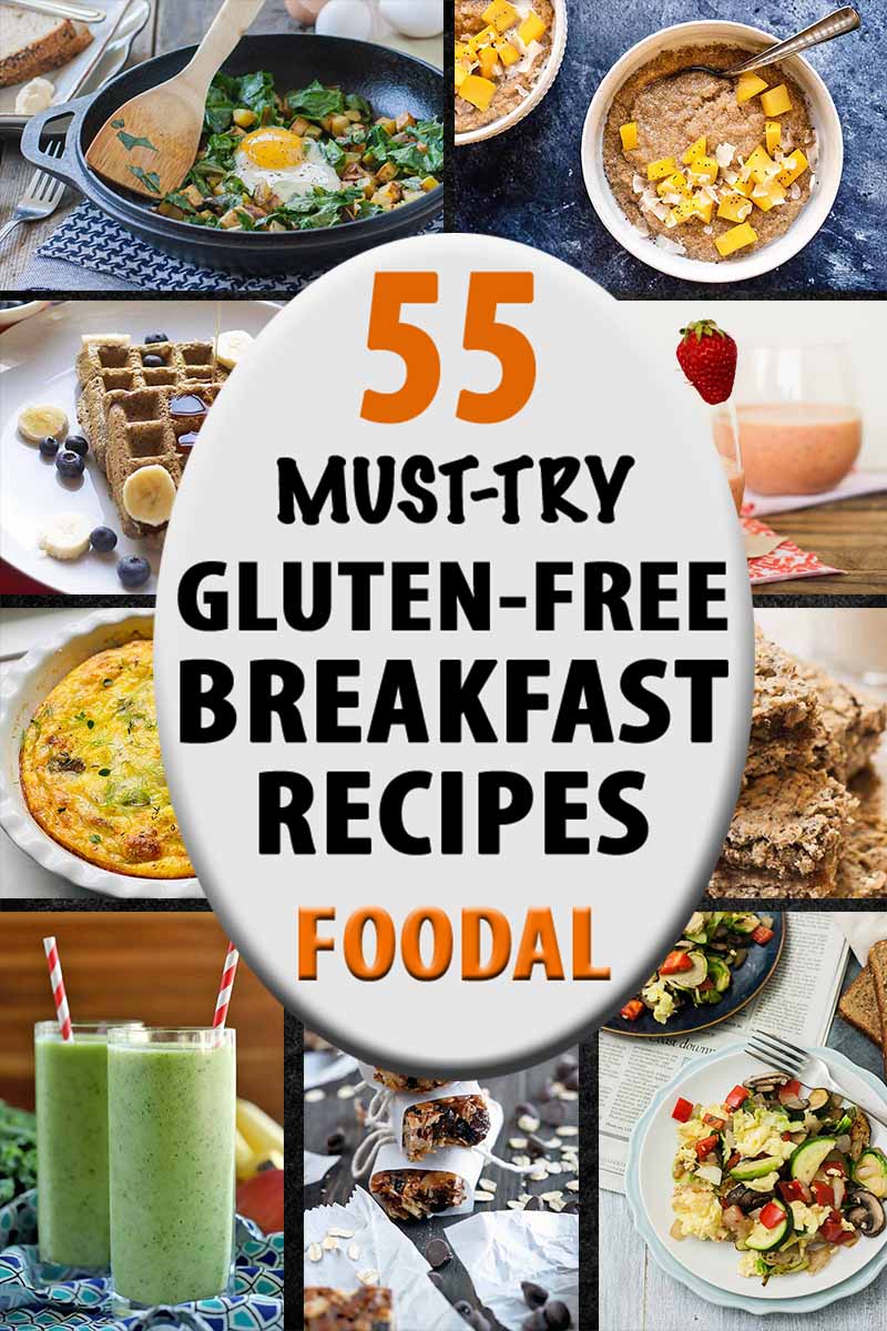 Vertical image of a collage of gluten-free breakfast recipes, with a label in the center.