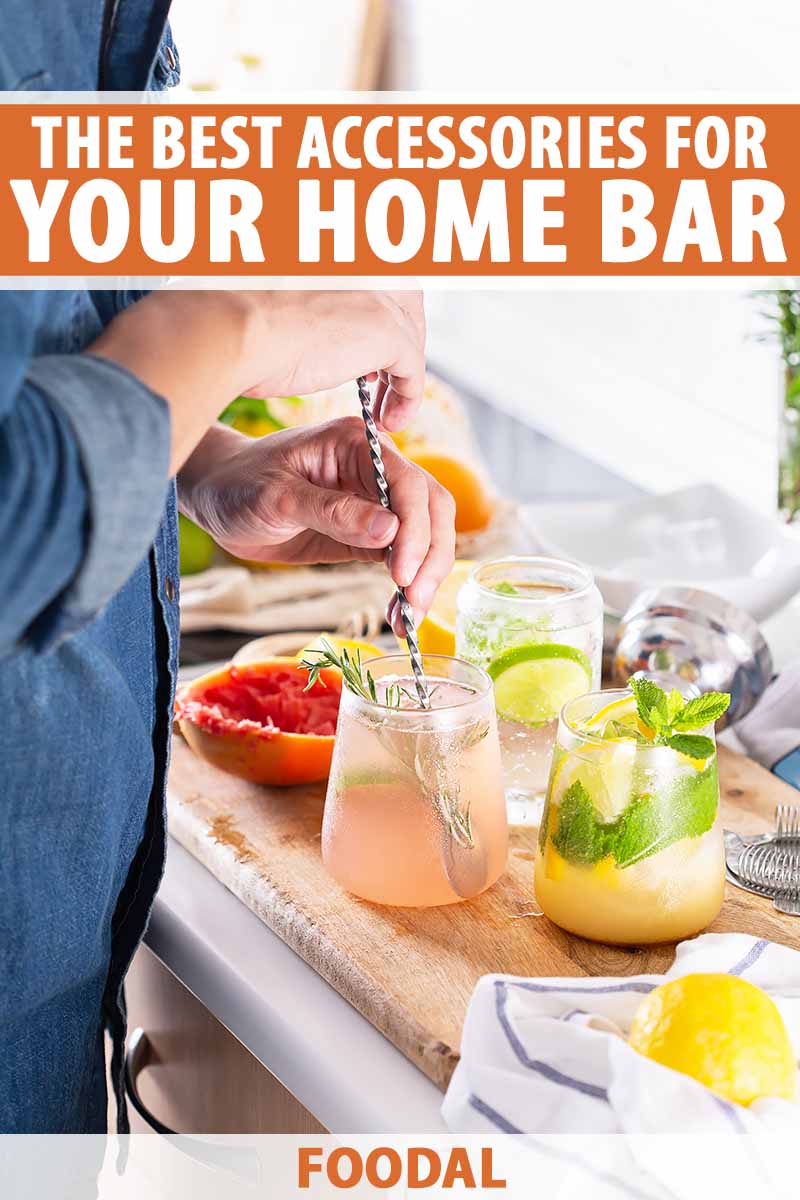 Vertical image of a person stirring a mixed drink in cups with assorted garnishes on a counter, with text on the top and bottom of the image.