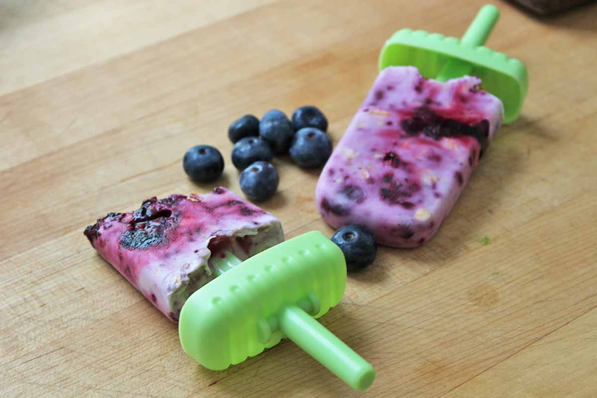 Horizontal image of two frozen jam and granola popsicles with green handles.