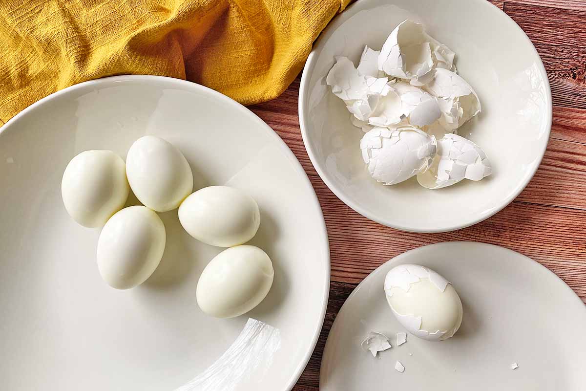Horizontal image of peeling hard-boiled eggs, separated the skin in a different bowl.