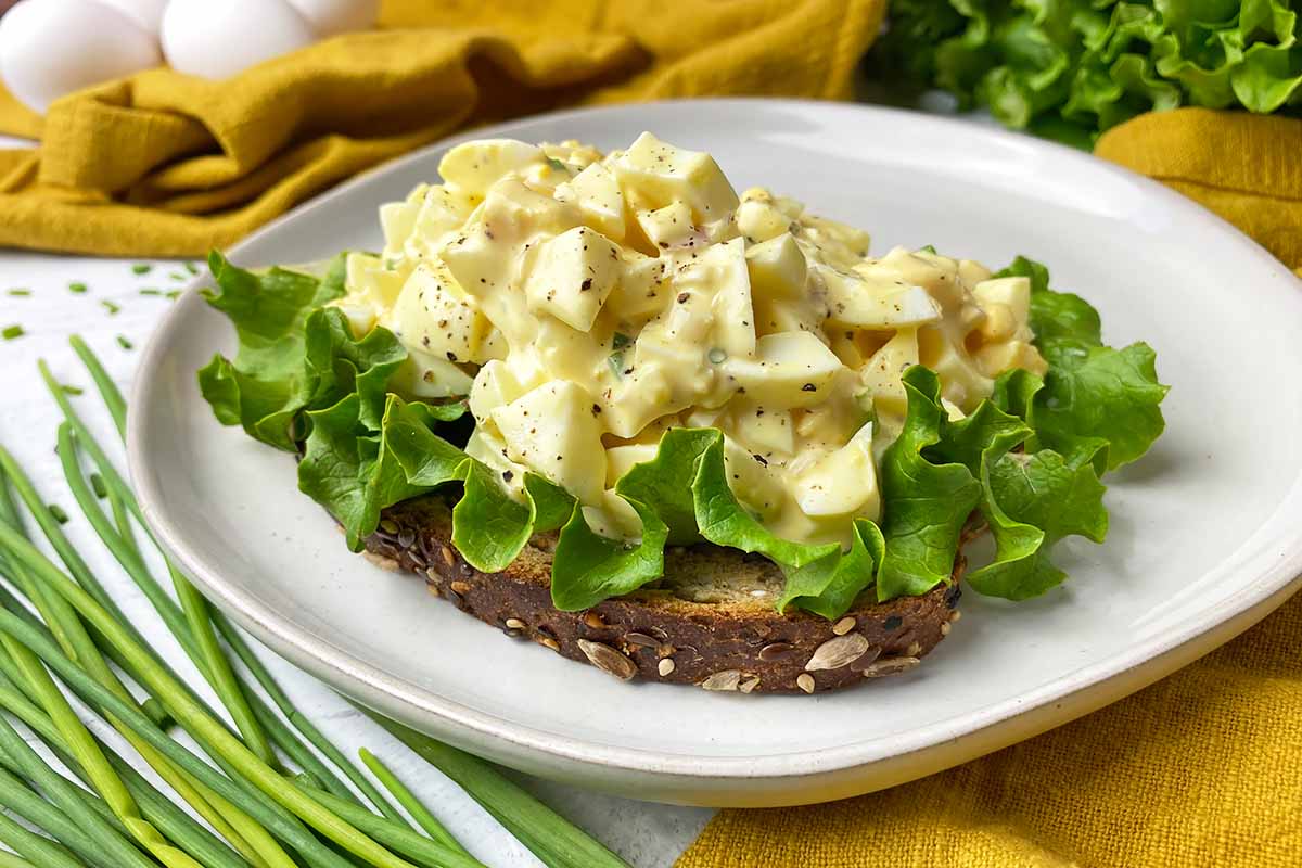 Horizontal image of an open-faced sandwich topped with lettuce and a creamy mix of hard-boiled yolks and whites on a white plate next to chives and a yellow towel.