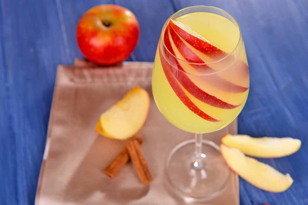 Horizontal image of a wine glass filled with a cocktail garnished with fresh fruit slices on a brown napkin on a wooden blue table.