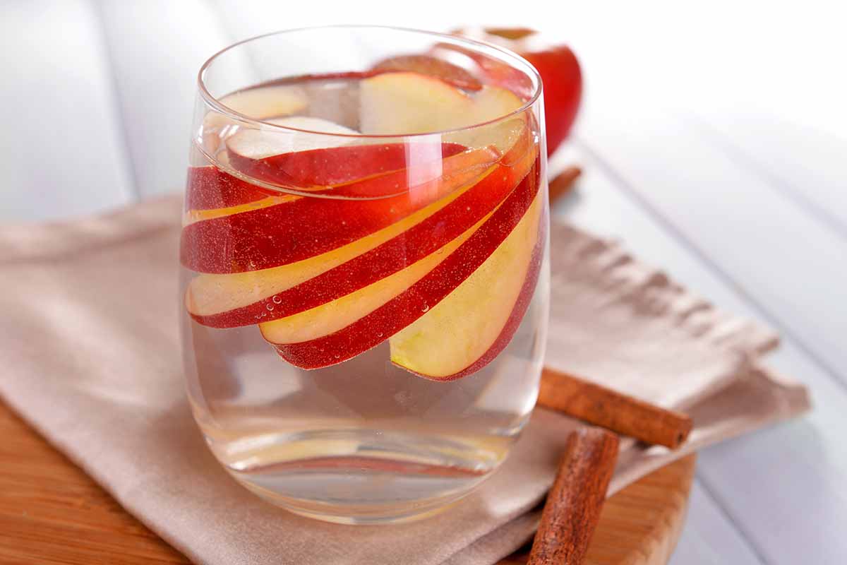 Horizontal image of a glass filled with infused water with slices of fruit on a brown napkin next to cinnamon sticks.