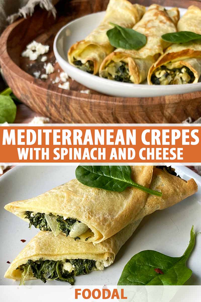Vertical image of rolled crepes filled with a Mediterranean-inspired spinach filling, on white plates, with text in the center and on the bottom of the image.