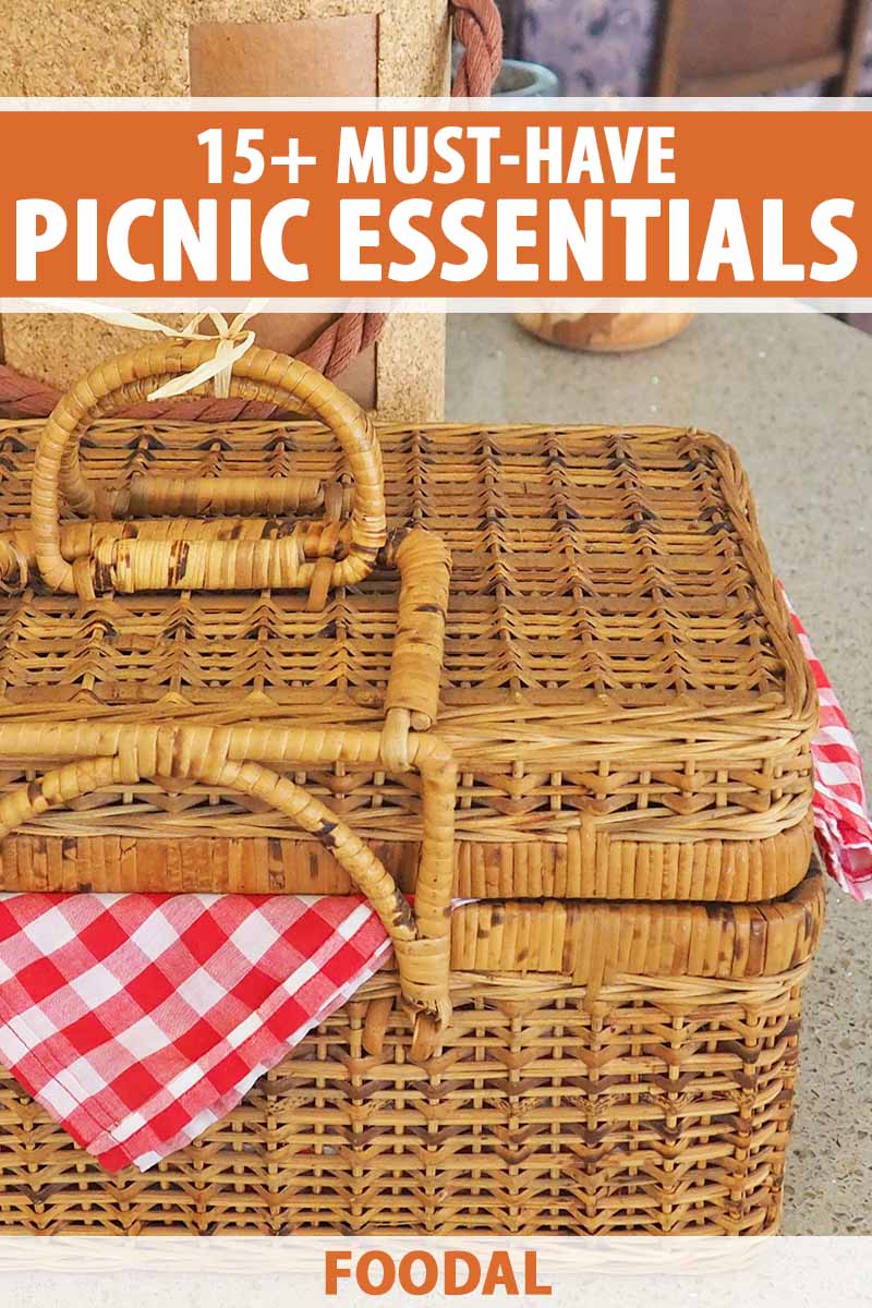 Vertical image of a picnic basket with a checkered towel on a countertop, with text on the top and bottom of the image.